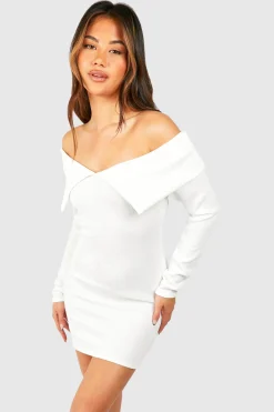 Robe Mini Bardot en Jersey Côtelé Épais à Manches Longues