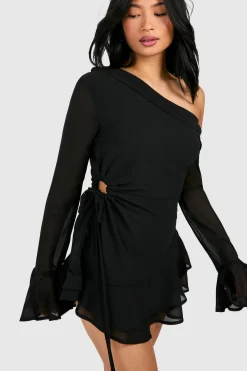 Robe Mini Bardot en Mousseline à Manches Longues