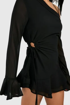 Robe Mini Bardot en Mousseline à Manches Longues