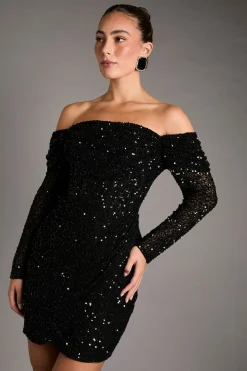 Robe Mini Bardot à Manches Longues avec Jupe Portefeuille et Sequins de Soirée