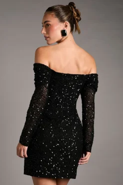 Robe Mini Bardot à Manches Longues avec Jupe Portefeuille et Sequins de Soirée