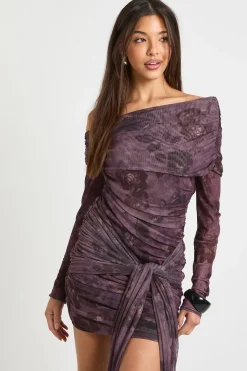 Robe mini Bardot à nouer à l'avant au motif floral estompé