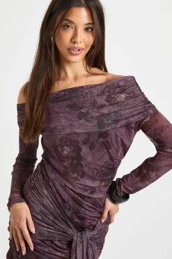 Robe mini Bardot à nouer à l'avant au motif floral estompé