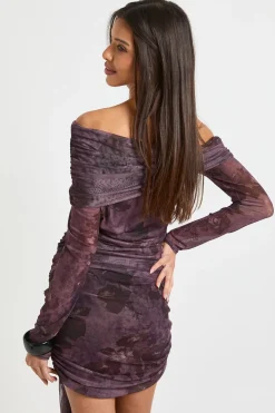 Robe mini Bardot à nouer à l'avant au motif floral estompé