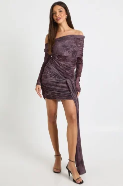 Robe mini Bardot à nouer à l'avant au motif floral estompé