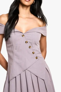 Robe Mini Bardot Plissée à Rayures Fines