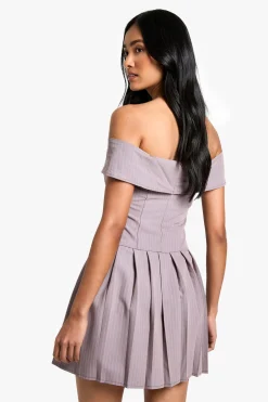 Robe Mini Bardot Plissée à Rayures Fines