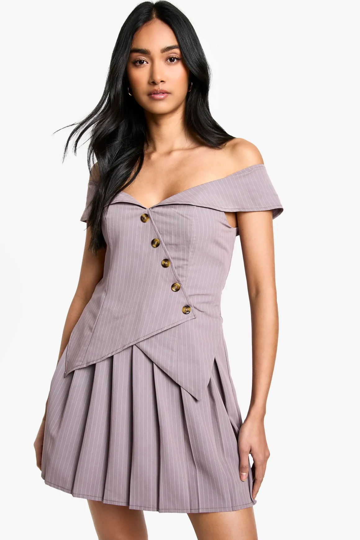 Robe Mini Bardot Plissée à Rayures Fines
