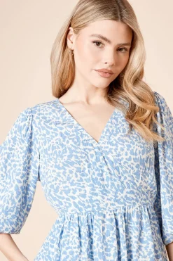 Dorothy Perkins Robe Mini Bleue à Manches Bouffantes Étagées et Devant Croisé<Femme Toutes Les Robes|Robes À Manches Longues