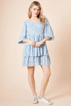 Dorothy Perkins Robe Mini Bleue à Manches Bouffantes Étagées et Devant Croisé<Femme Toutes Les Robes|Robes À Manches Longues