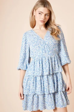 Dorothy Perkins Robe Mini Bleue à Manches Bouffantes Étagées et Devant Croisé<Femme Toutes Les Robes|Robes À Manches Longues
