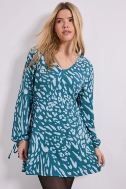 Robe Mini Bleue à Motifs Animaliers Col V Taille Empire Manches Bouffantes