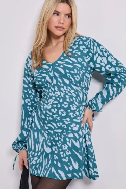 Robe Mini Bleue à Motifs Animaliers Col V Taille Empire Manches Bouffantes