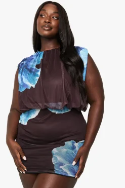 Robe Mini Blouson Froncée En Mesh Floral Grande Taille