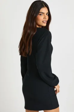 Robe mini blouson à manches ballon et bouton doré