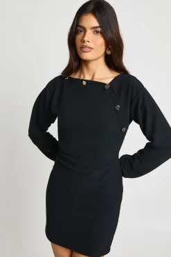 Robe mini blouson à manches ballon et bouton doré