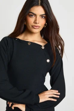 Robe mini blouson à manches ballon et bouton doré