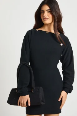 Robe mini blouson à manches ballon et bouton doré