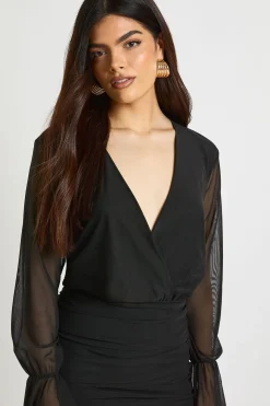 Robe Mini Blouson Portefeuille à Manches Évasées en Maille