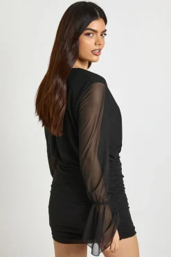 Robe Mini Blouson Portefeuille à Manches Évasées en Maille