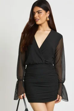 Robe Mini Blouson Portefeuille à Manches Évasées en Maille