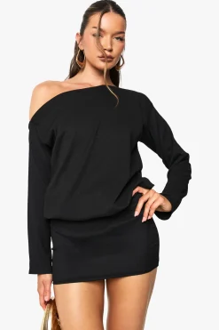 Robe Mini Bodycon à Épaules Dénudées et Manches Longues