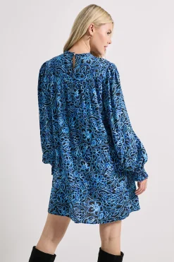 Robe Mini Bohème Imprimée Fleurie Bleue avec Détails en Dentelle