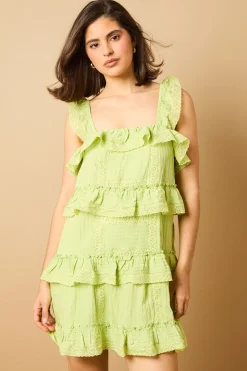 Robe Mini à Bretelles avec Détails Broderie Anglaise à Volants