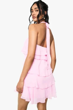 Robe Mini à Bretelles Halterneck Nouée avec Volants en Cascade