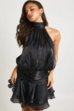 boohoo Robe mini bustier en satin texturé à jupe froncée à volants<Femme Satin Et Dentelle|Robes Patineuses