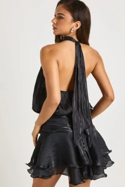 boohoo Robe mini bustier en satin texturé à jupe froncée à volants<Femme Satin Et Dentelle|Robes Patineuses