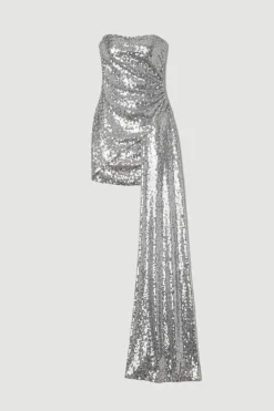 Robe Mini Bustier à Sequins avec Traîne