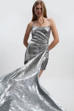 Robe Mini Bustier à Sequins avec Traîne