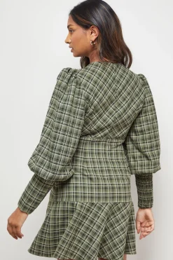 Robe Mini à Carreaux avec Encolure en Dentelle et Manches Bouffantes