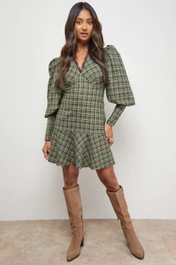 Robe Mini à Carreaux avec Encolure en Dentelle et Manches Bouffantes