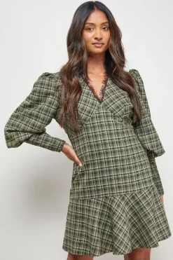 Robe Mini à Carreaux avec Encolure en Dentelle et Manches Bouffantes
