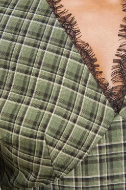 Robe Mini à Carreaux avec Encolure en Dentelle et Manches Bouffantes