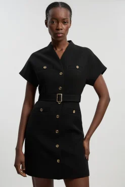 Robe Mini Ceinturée À Col Montant En Tissu Stretch Texturé Compact Petite