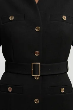 Robe Mini Ceinturée À Col Montant En Tissu Stretch Texturé Compact Petite