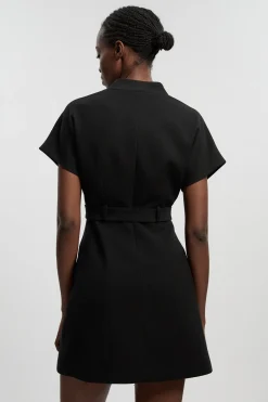 Robe Mini Ceinturée À Col Montant En Tissu Stretch Texturé Compact Petite