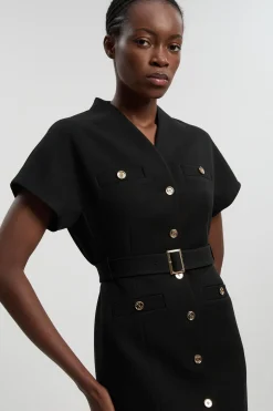 Robe Mini Ceinturée À Col Montant En Tissu Stretch Texturé Compact Petite