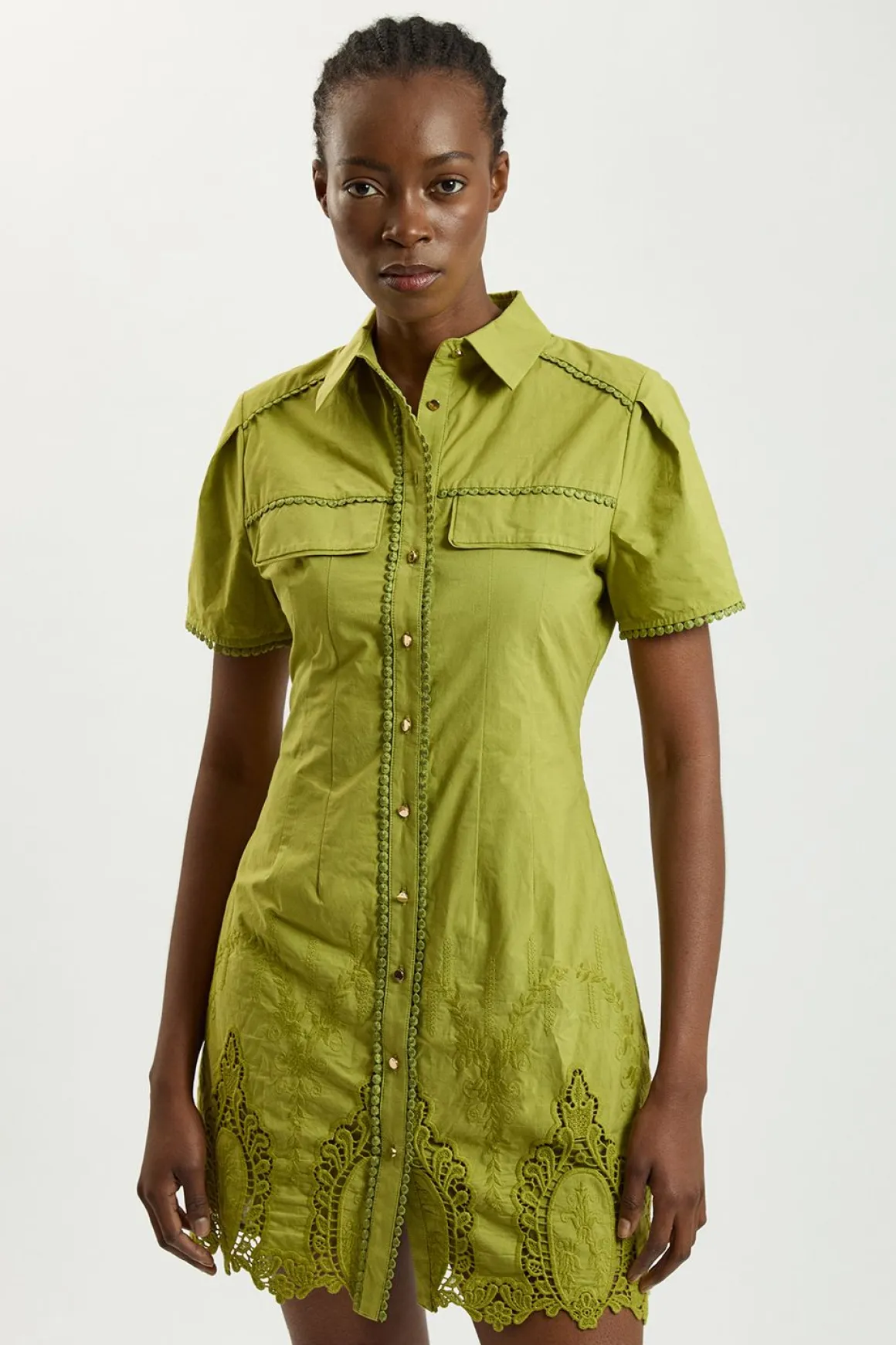Robe Mini Chemise En Coton À Broderie Ajourée Avec Col