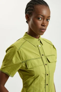 Robe Mini Chemise En Coton À Broderie Ajourée Avec Col