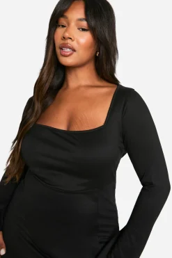 boohoo Robe mini chemise Plus à encolure carrée et poignets lacés<Femme Robes À Manches Longues|Robes