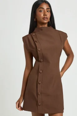 Robe Mini Cintrée Asymétrique Sans Manches À Boutonnage