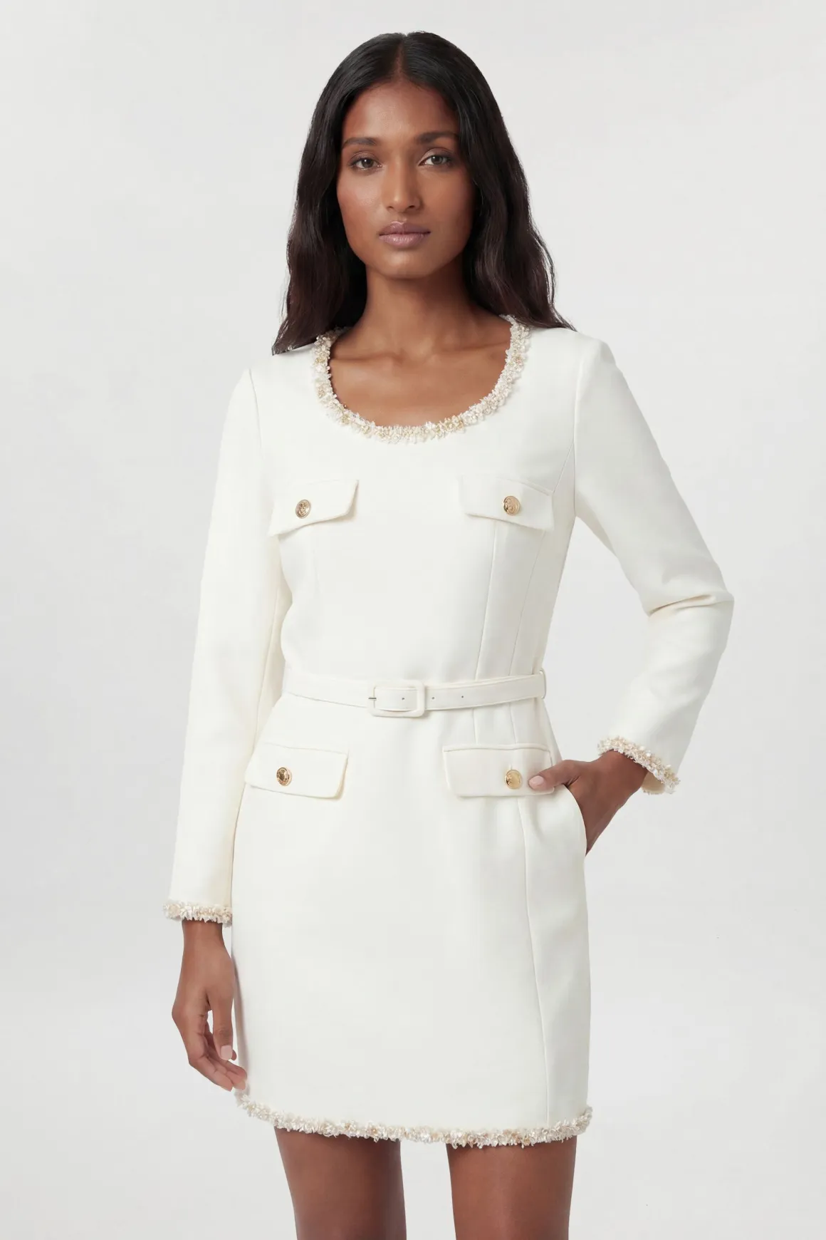 Robe Mini Cintrée Ceinturée En Tweed Ornée Petite