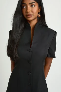 Robe Mini Cintrée Col Montant Boutonnée Devant