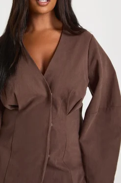 Robe Mini Cintrée à Manches Bouffantes en Sergé Grande Taille
