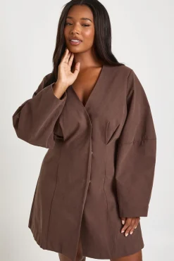 Robe Mini Cintrée à Manches Bouffantes en Sergé Grande Taille