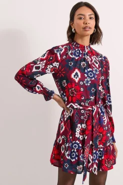 Robe Mini à Col Froncé et Taille Nouée